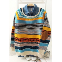Folk Style Retro Geometric Figure Stripe Print Knit Sweater