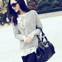 Leisure Sweet Elegant Lace Spliced Diamond Check Mixing Color Sweater