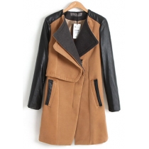 Street-chic  Gorgeous Cool PU Spliced Lapel Long Warm Women's Worsted Coat