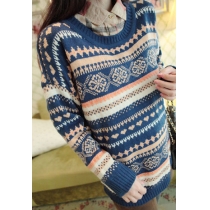 Retro Folk Style Christmas Snowflake Print Knit Pullover Sweater