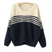 New Fall Pullover Preppy Long Sleeve Stripe Round Collar Knitted Sweater 
