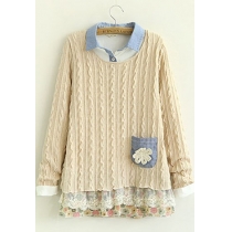 Sweet Lace Spliced Floral Print Knit Sweater