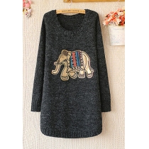 Cute Casual Elephant Embroidered Long Sweater