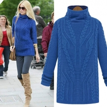 Casual Retro Solid Color Cable Knit Turtleneck Pullover Sweater