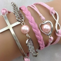 Romantic Heart Bead Angel's Wing Cross Pink String Bracelet 