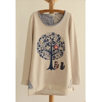 Retro Sweet Lace Spliced Irregular Cat Embroidered Tree Floral Print Long Sleeve Shirt
