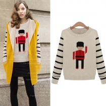 Casual Black Stripes Solider Pattern Knit Crewneck Pullover Sweater