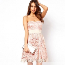 Folk Style Lace Embroidery Spliced  Strapless Sweetheart Dress 
