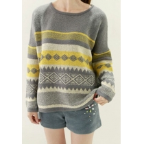 Casual Tribal Mixed Color Stripes Crewneck Pullover Knit Sweater