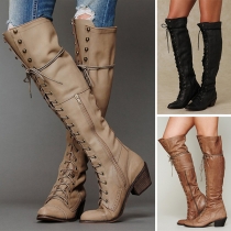 Fashion Round Toe Lace-up Thick High-heeled Side Zipper Tall Matin Boots 
