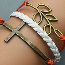 Bronze Cross Leaf Pendant Orange White String Bracelet