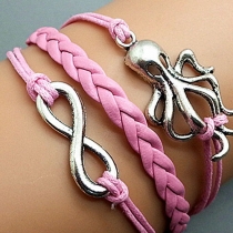 Pink Braid String Antique Silver Octopus Pendant Bracelet 