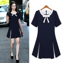 Sweet Bodycon Contrast Color Bowknot Short Sleeve Crew Neck Dress 
