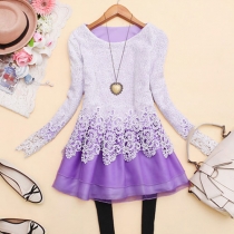 Elegant Contrast Color Long Sleeves Splicing Floral Crochet Shirred Dress