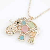 Folk Style Cute Adorable Rhinestone Opal Elephant Pendant Necklace