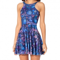 Sexy Blue Owl Floral Print Racerback Pleated Skater Dress 