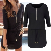Fashion Solid Color 3/4 Sleeve Drawstring Waist Dress