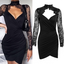 Sexy See-through Lace Spliced Long Sleeve Hollow Out Slim Fit Dress