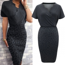 OL Style Lace Collar Leopard Pattern Slim fit Short Sleeve Dress