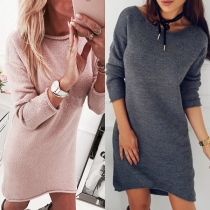 Fashion Solid Color Long Sleeve Round Neck High-low Hem Knit Dress