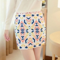 Mixed Color Geometric Pattern Hip Hugging Pencil Skirt 