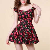 Cherry Print High Waisted Pleated Off Shoulder Mini Skater Dress 