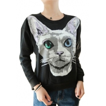 Leisure Cute Cat Face Print Sweatshirt