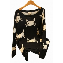 Street-chic Style Cute Overall Cat Print Frayed Knit Sweater