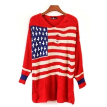 European Style Chic American Flag Print Frayed Sweater