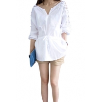 Leisure Sweet Loose Fitting Floral Crochet White Shirt 