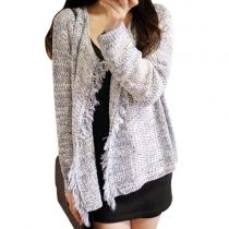 European Style Pure Color Simple Frayed Knit Outerwear
