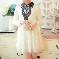 Elegant Contrast Color Crochet Sequins Beaded Polo Necklace Lace Dress 