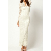 Sexy Floral Crochet Solid Color Bodycon Lace Maxi-Dress