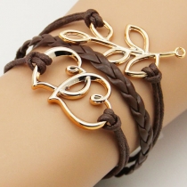 Tree Branch Love Heart Pendants Mocha String Bracelet 