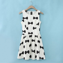 Sweet Contrast Color Bowtie Print Zip Up Tank Pleated Skater Dress