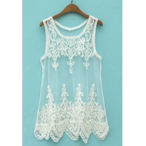 Sexy Sheer Floral Embroidery Lace Mesh Cropped T Shirt Vest