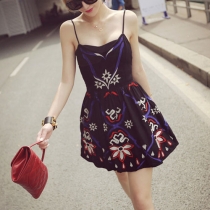 Tribal Contrast Color Embroidery Floral Graphic Bustier Skater Mini Braces Dress 