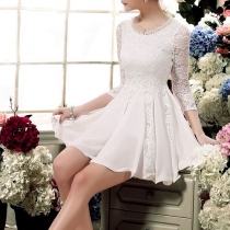 Feminine Charming Solid Color Floral Embroidered Lace Shirred Bubble Dress