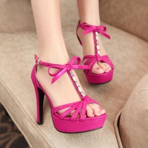 Rose Red Bowknot Cage Open Toe High Stiletto Heel Sandal 