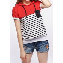 Oversized Stripe Short Sleeve Drawstring Hooded T Shirt 