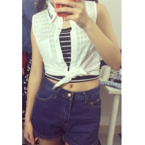 Embroidery Letter Shadow Check Button Down Shirt Tank Top 