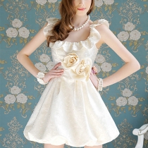 Sweet Style Jacquard Big Flower Flounce Collar Sleeveless Tutu Dress