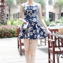 Floral Print Peplum Buttoned Crop Top and Pleated Skirt Set 