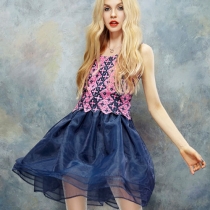 Embroidery Flowers Blue Tulle Skirt Pleated Tank Dress 