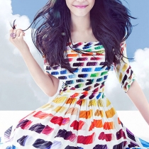 Celebrity Color Block Sweet Short Sleeve Pleated Dress