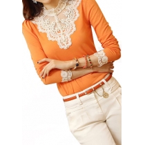 Elegant Dignified Beaded Floral Crochet Lace Spliced Long Sleeve Shirt