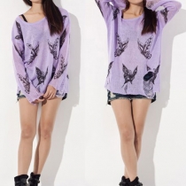 Punk Style Loose Fitting Frayed Butterfly Print Shirt