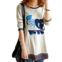 Folk Style Cute Heart Elephant Embroidered Long Sleeve Shirt