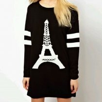 European Style Eiffel Tower Stripe Print Knit Jumper