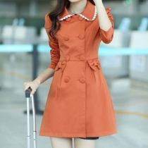 Elegant Slim Bowknot Lace Spliced Double Breast Trench Coat